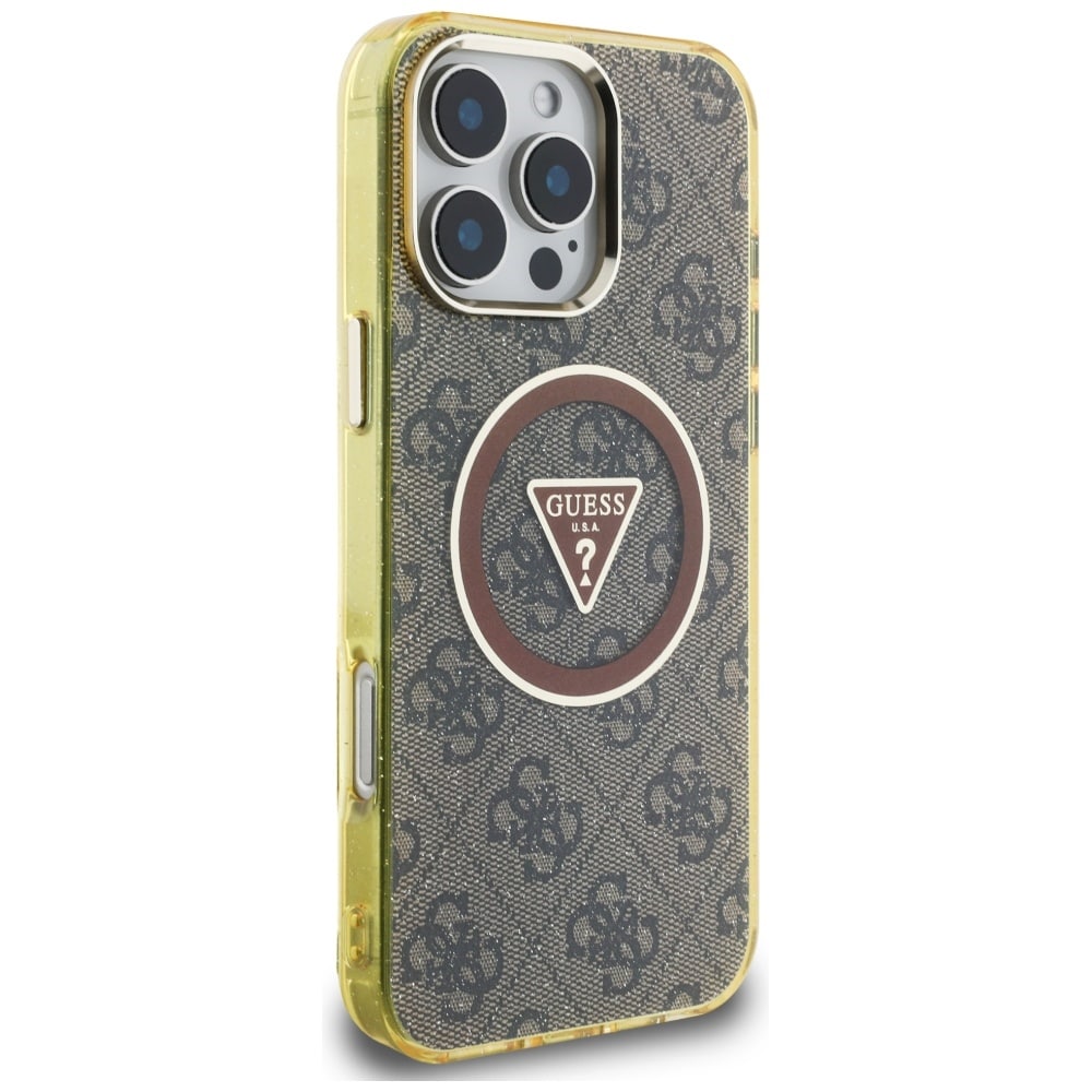 Guess IML Metal Glitter 4G Circle Triangle MagSafe-etui til iPhone 16 Pro - Brun
