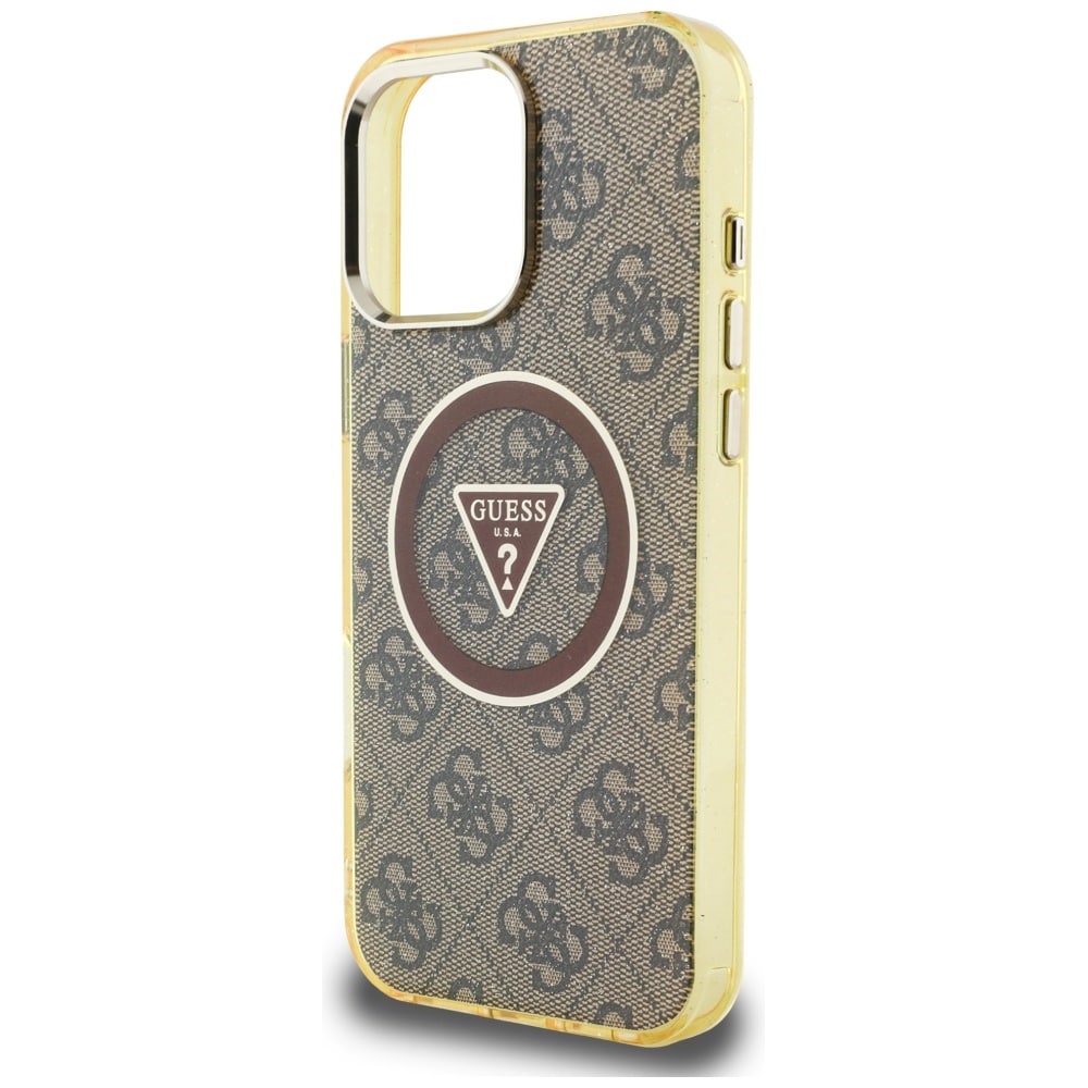 Guess IML Metal Glitter 4G Circle Triangle MagSafe-etui til iPhone 16 Pro - Brun