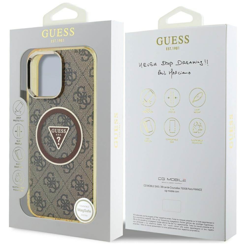 Guess IML Metal Glitter 4G Circle Triangle MagSafe-etui til iPhone 16 Pro - Brun