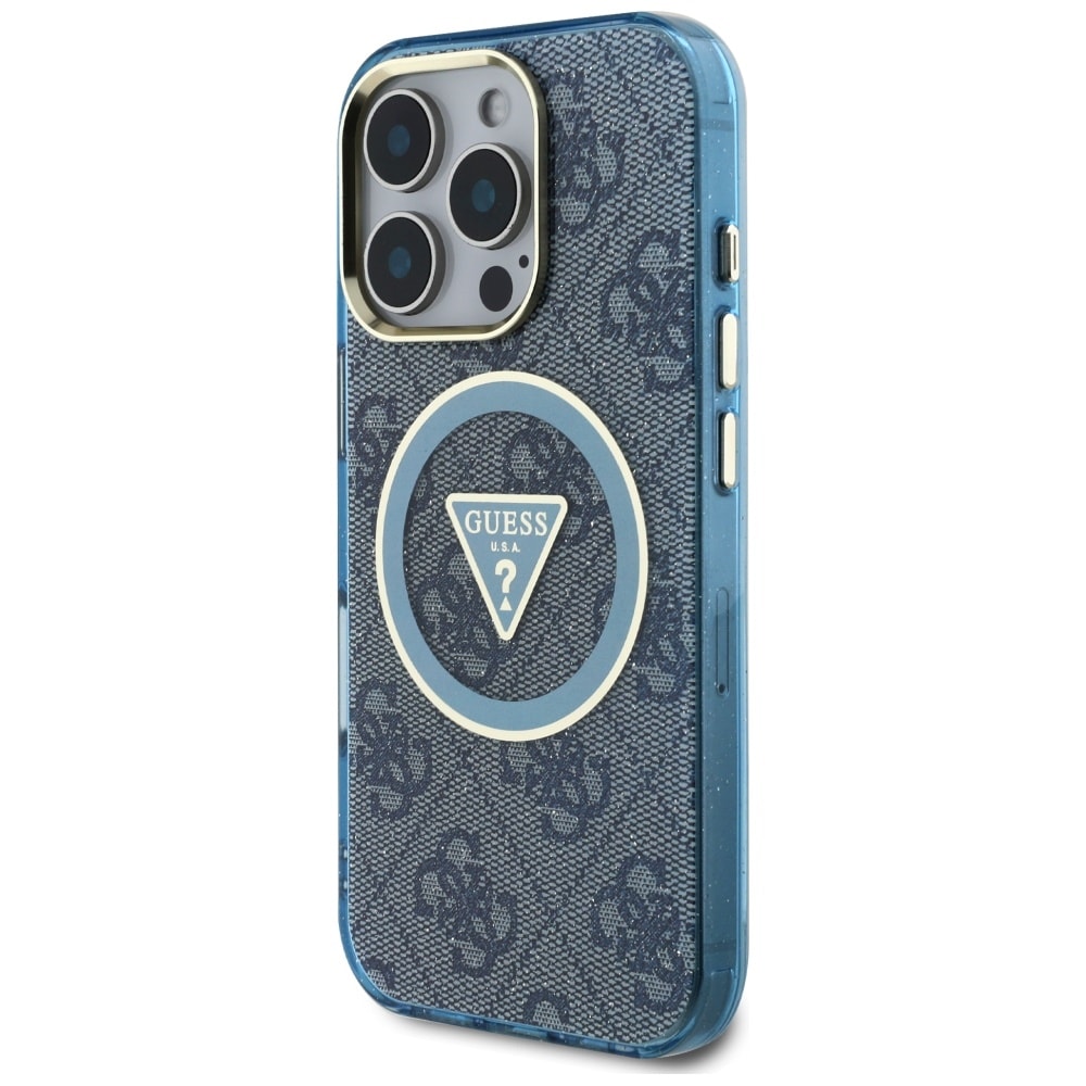Guess IML Metal Glitter 4G Circle Triangle MagSafe-etui til iPhone 16 Pro Max - Blå