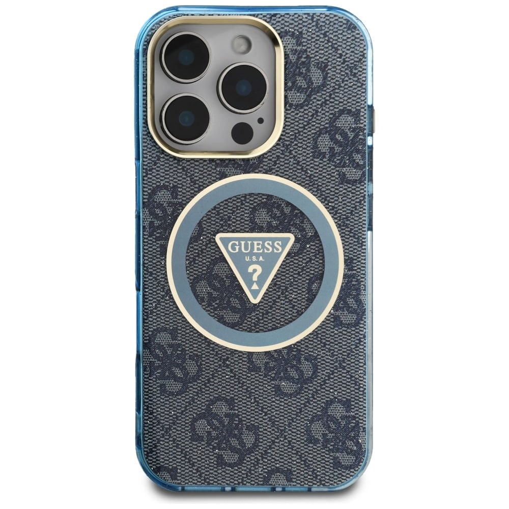 Guess IML Metal Glitter 4G Circle Triangle MagSafe-etui til iPhone 16 Pro Max - Blå