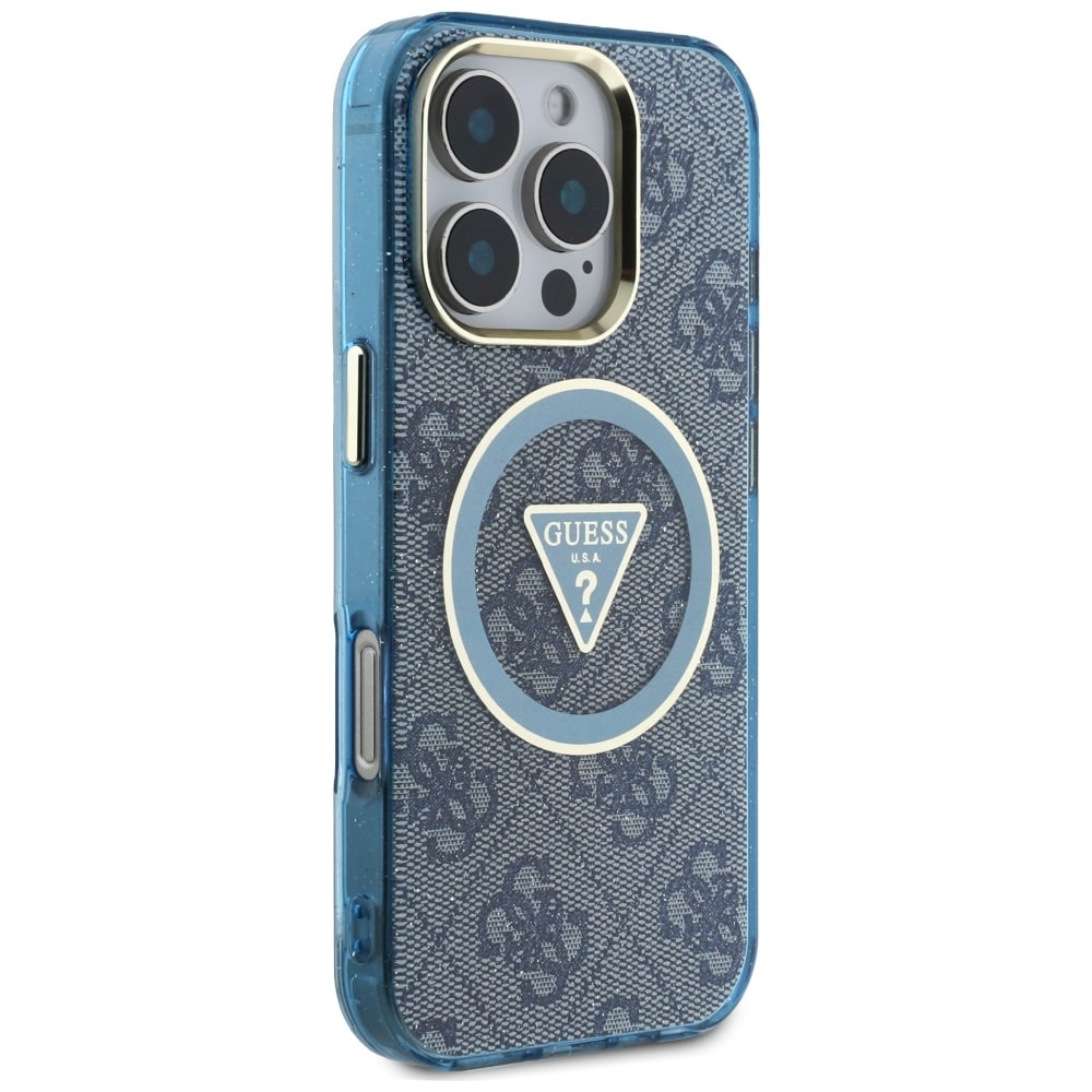 Guess IML Metal Glitter 4G Circle Triangle MagSafe-etui til iPhone 16 Pro Max - Blå