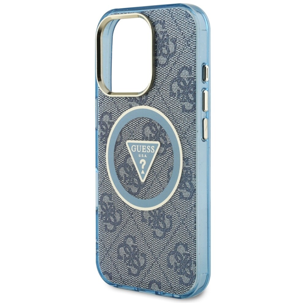 Guess IML Metal Glitter 4G Circle Triangle MagSafe-etui til iPhone 16 Pro Max - Blå