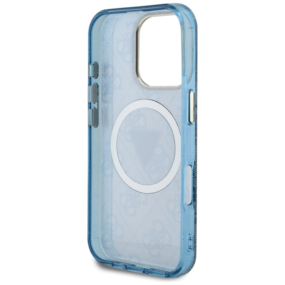Guess IML Metal Glitter 4G Circle Triangle MagSafe-etui til iPhone 16 Pro Max - Blå