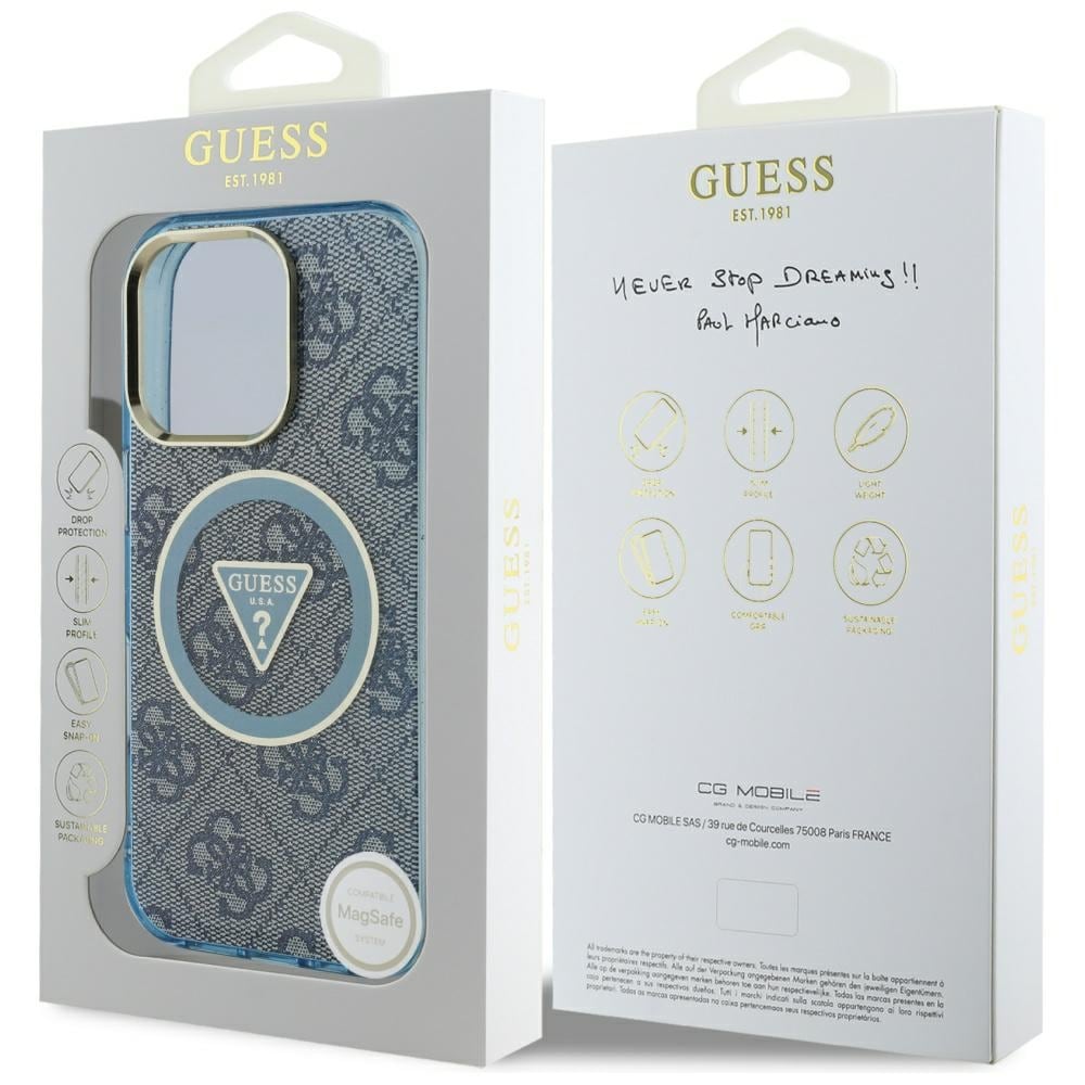 Guess IML Metal Glitter 4G Circle Triangle MagSafe-etui til iPhone 16 Pro Max - Blå