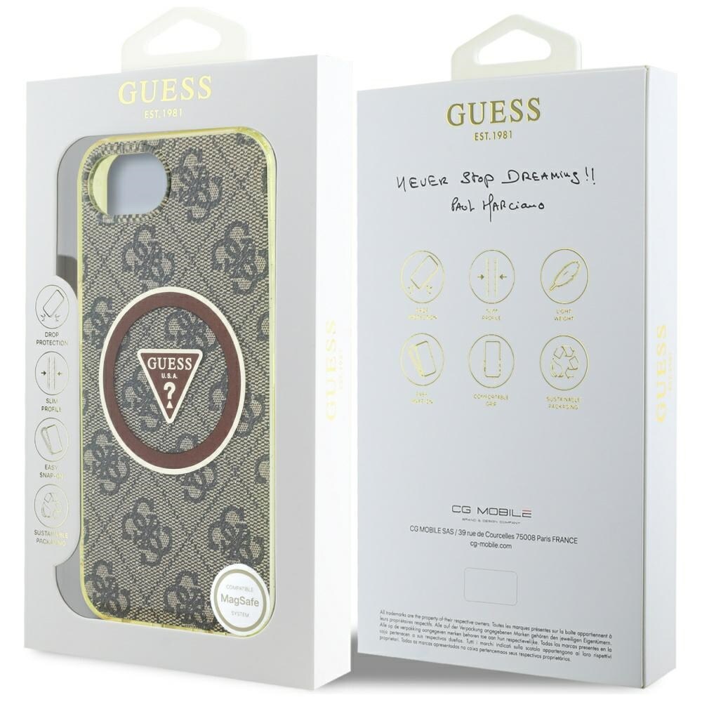 Guess IML Metal Glitter 4G Circle Triangle MagSafe-etui til iPhone 16e - brun