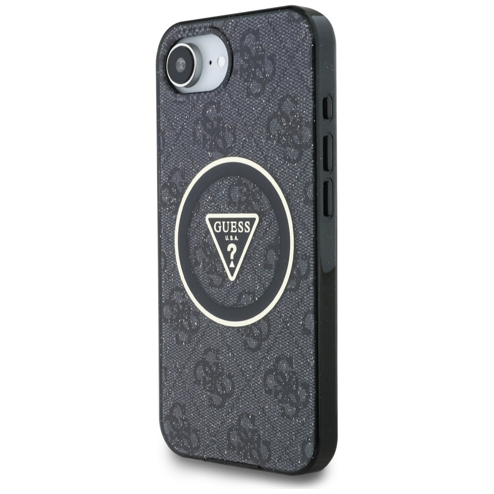 Guess IML Metal Glitter 4G Circle Triangle MagSafe-etui til iPhone 16e - Sort