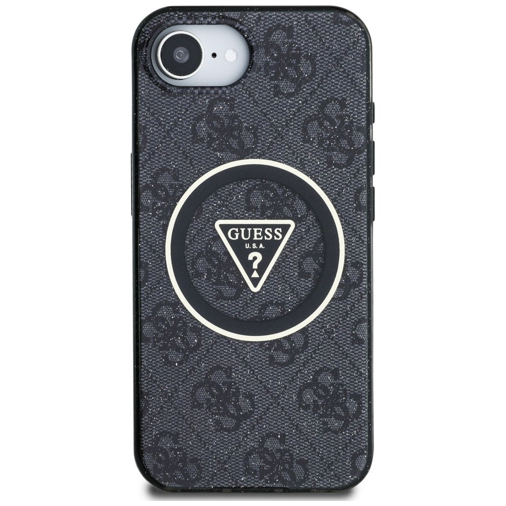 Guess IML Metal Glitter 4G Circle Triangle MagSafe-etui til iPhone 16e - Sort