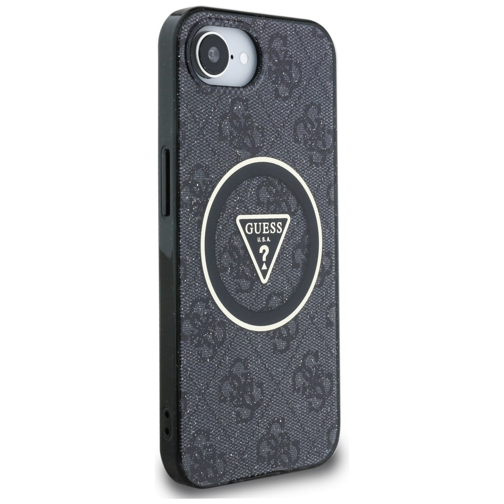 Guess IML Metal Glitter 4G Circle Triangle MagSafe-etui til iPhone 16e - Sort