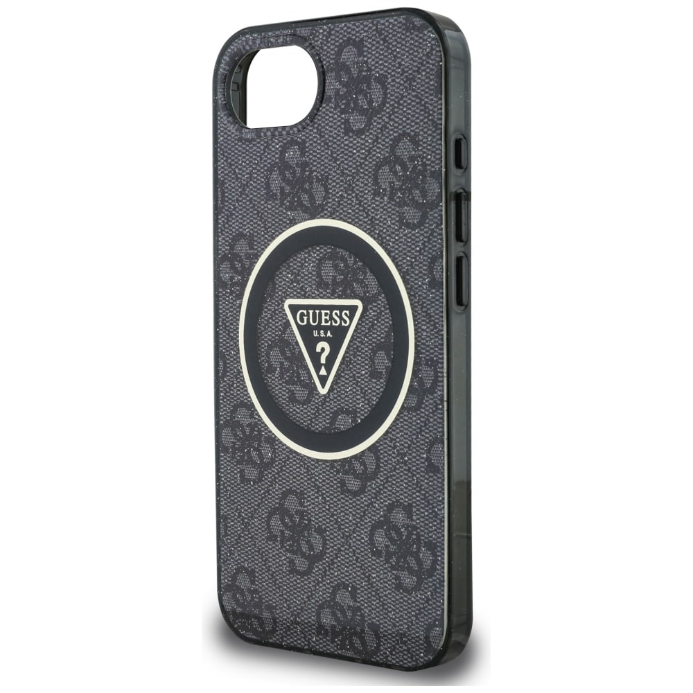 Guess IML Metal Glitter 4G Circle Triangle MagSafe-etui til iPhone 16e - Sort