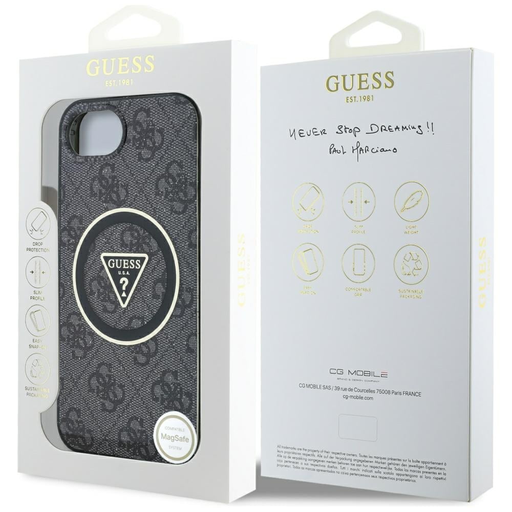Guess IML Metal Glitter 4G Circle Triangle MagSafe-etui til iPhone 16e - Sort