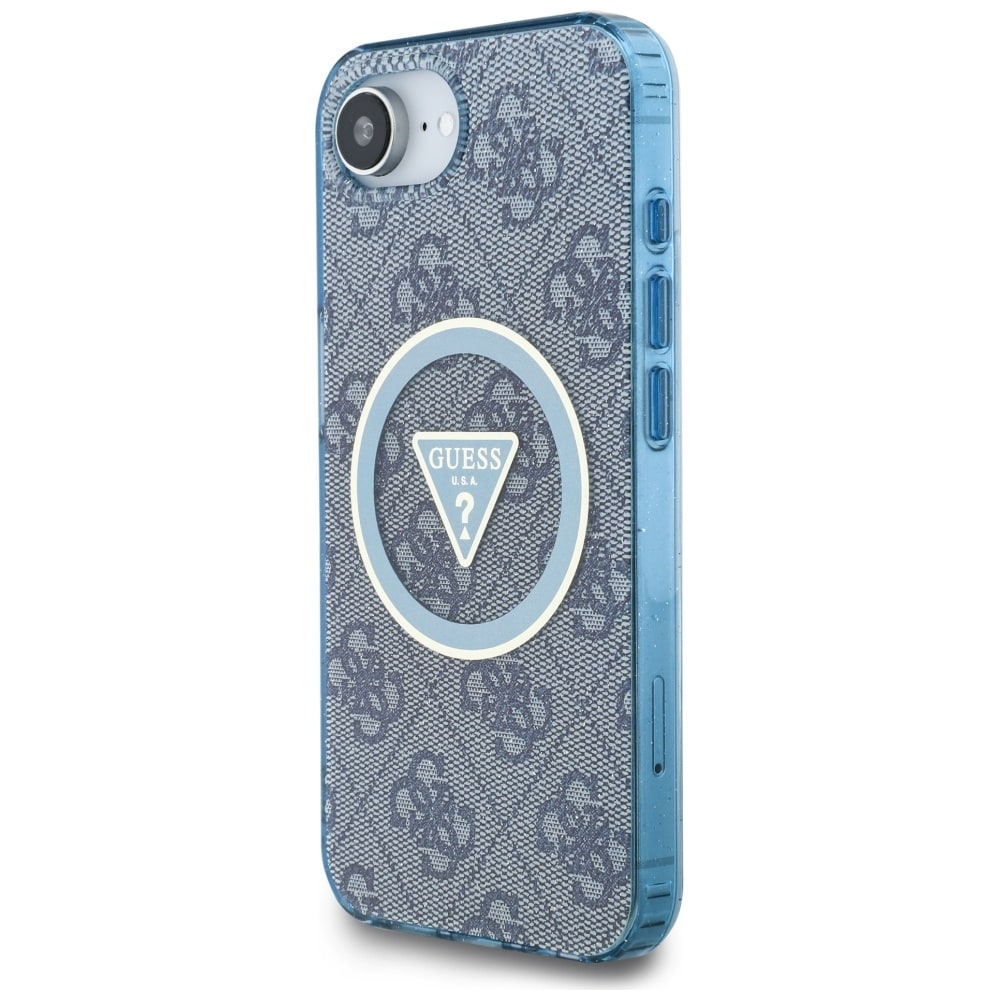 Guess IML Metal Glitter 4G Circle Triangle MagSafe-etui til iPhone 16e - Blå