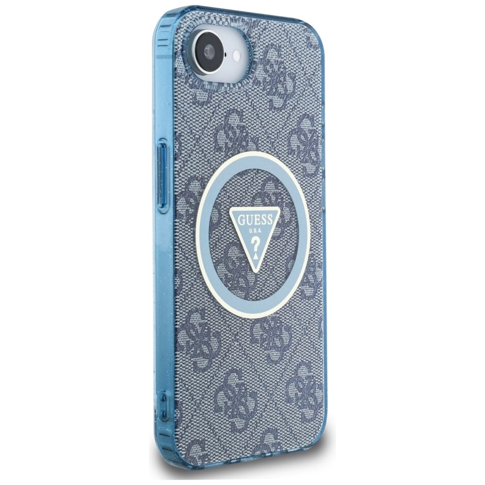 Guess IML Metal Glitter 4G Circle Triangle MagSafe-etui til iPhone 16e - Blå