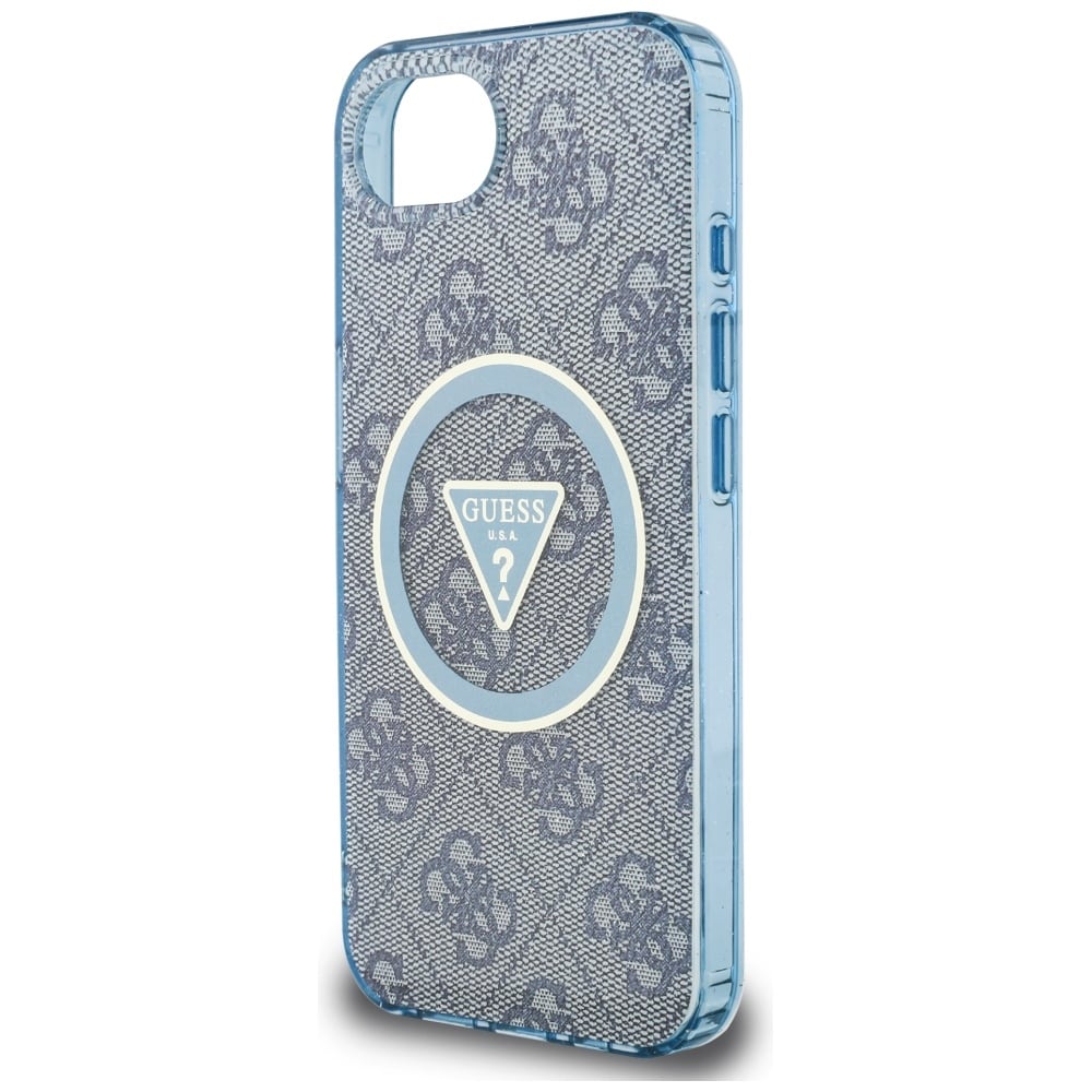 Guess IML Metal Glitter 4G Circle Triangle MagSafe-etui til iPhone 16e - Blå