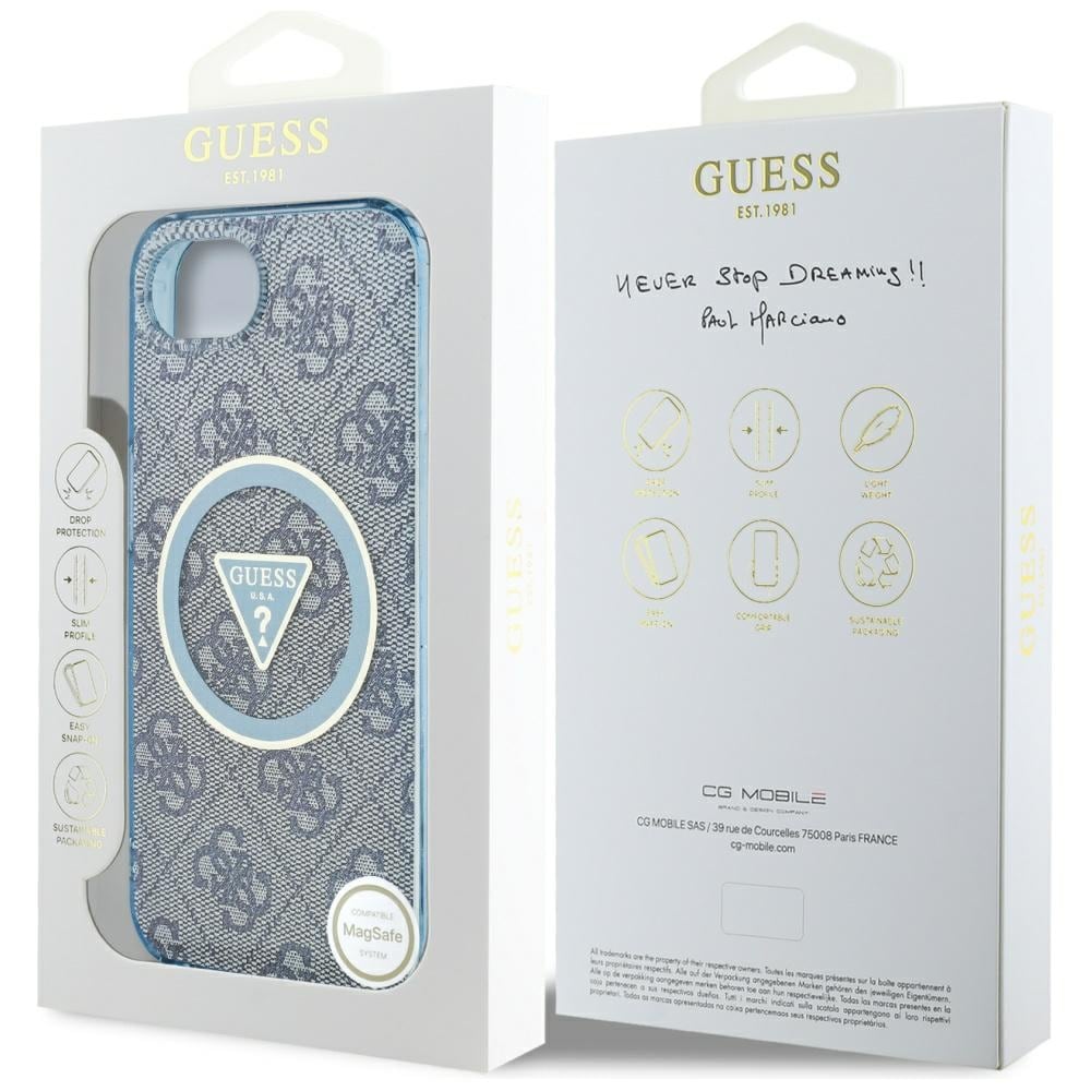 Guess IML Metal Glitter 4G Circle Triangle MagSafe-etui til iPhone 16e - Blå