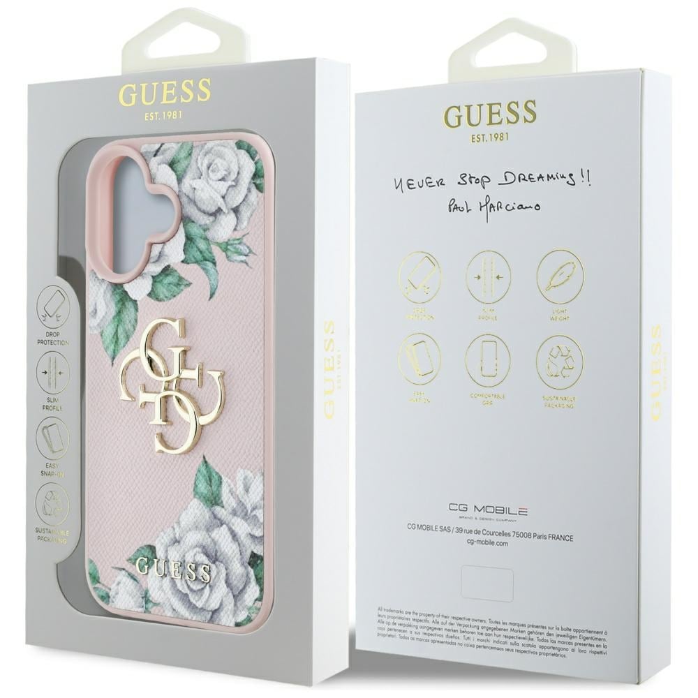 Guess Grained Roses Big 4G logo iPhone 16 etuier - pink