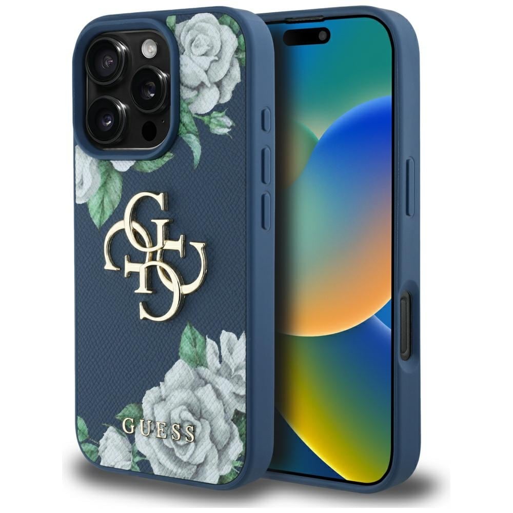 Guess Grained Roses Big 4G-logotaske til iPhone 16 Pro Max - blå