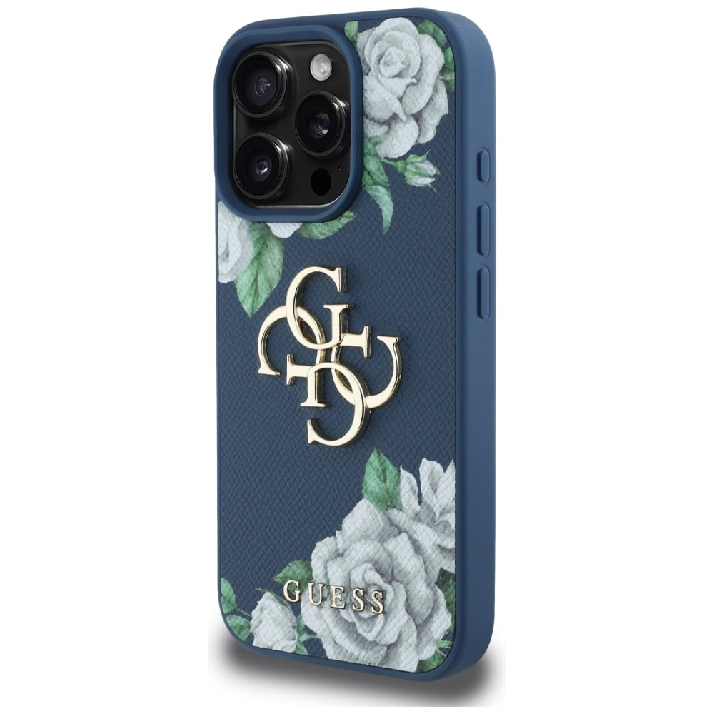 Guess Grained Roses Big 4G-logotaske til iPhone 16 Pro Max - blå