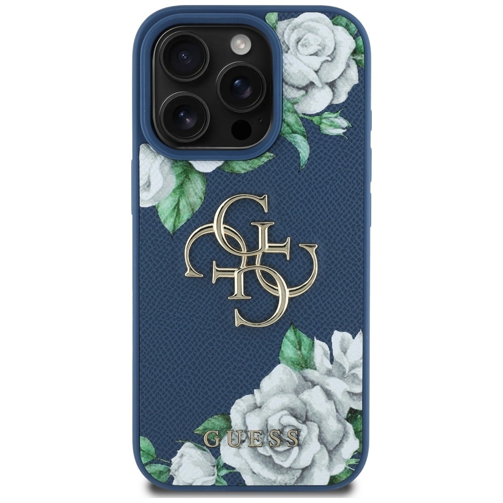 Guess Grained Roses Big 4G-logotaske til iPhone 16 Pro Max - blå