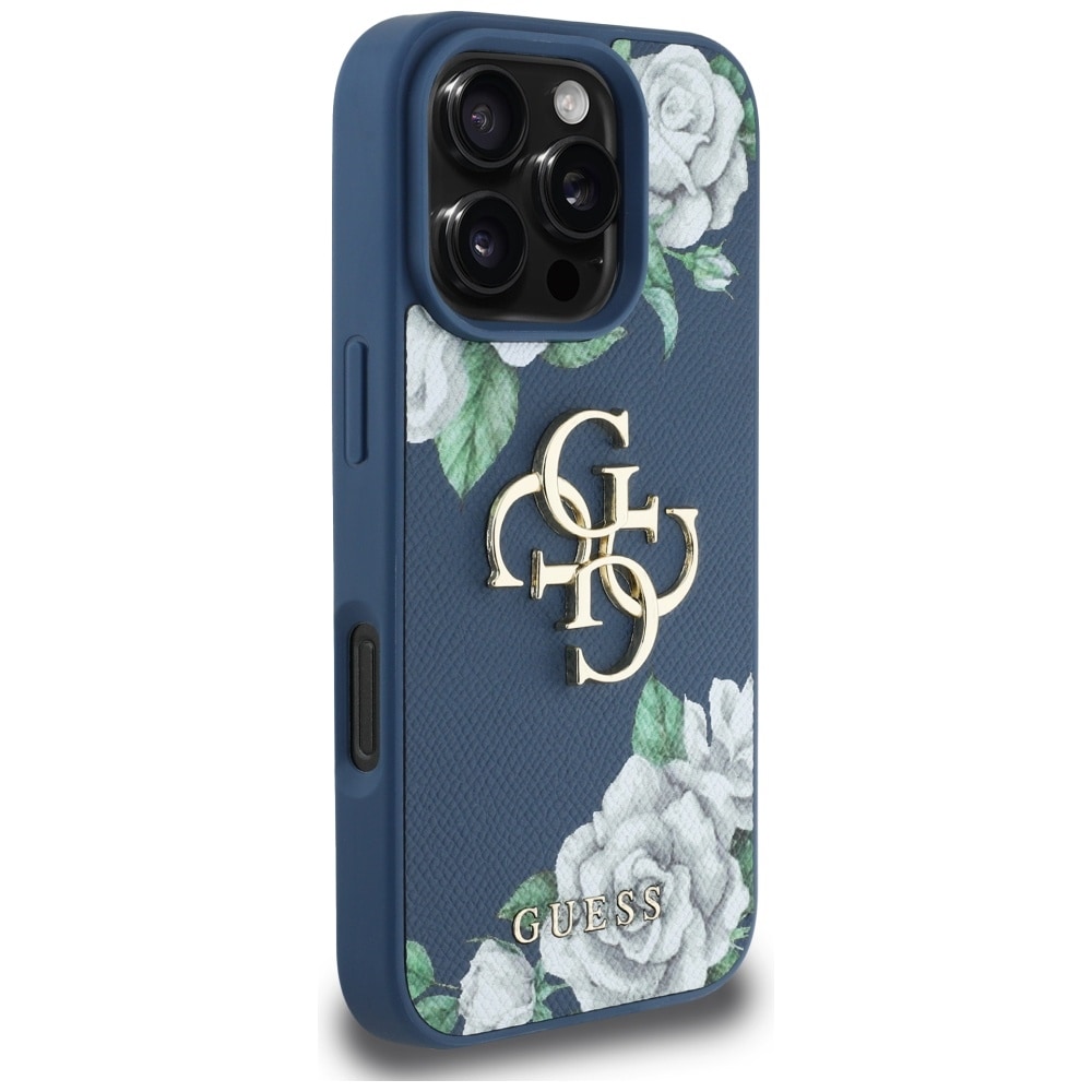 Guess Grained Roses Big 4G-logotaske til iPhone 16 Pro Max - blå
