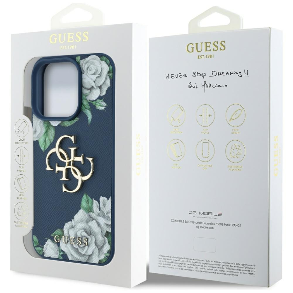 Guess Grained Roses Big 4G-logotaske til iPhone 16 Pro Max - blå