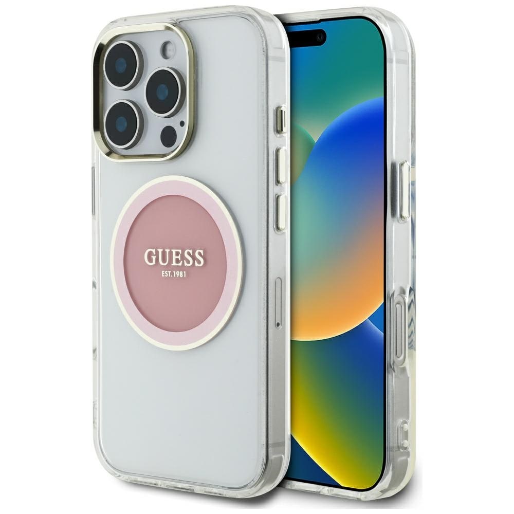 Guess IML metalfarvet cirkel Classic Logo MagSafe iPhone 16 Pro-etui - pink