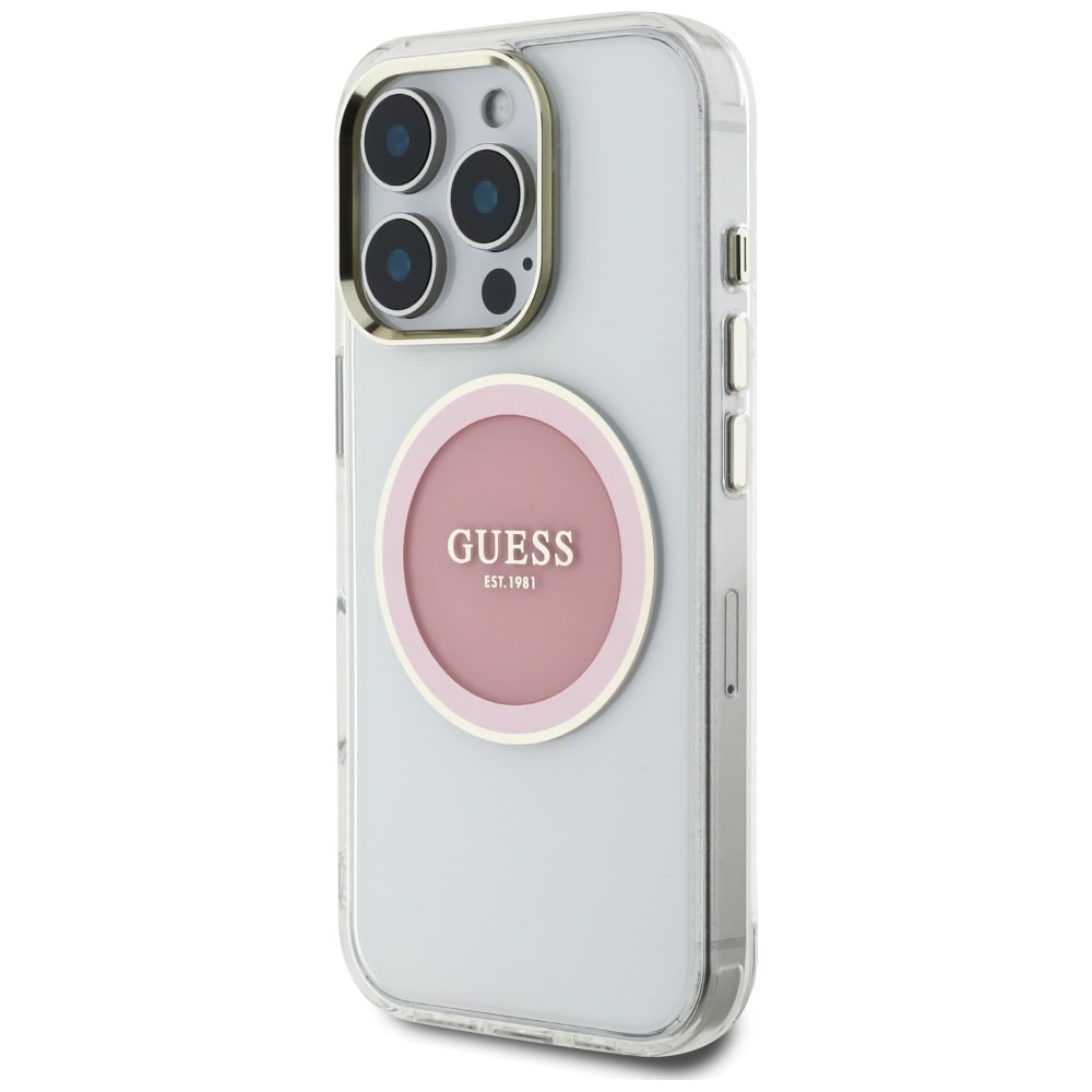 Guess IML metalfarvet cirkel Classic Logo MagSafe iPhone 16 Pro-etui - pink