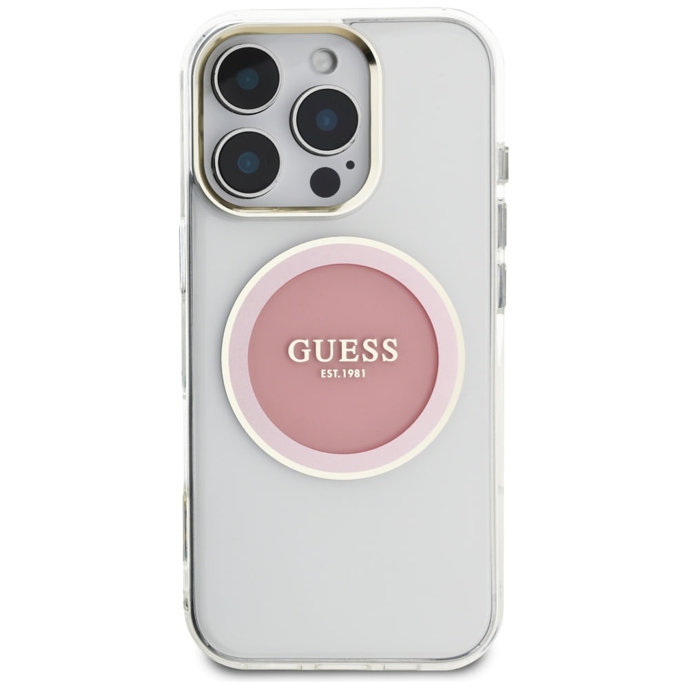 Guess IML metalfarvet cirkel Classic Logo MagSafe iPhone 16 Pro-etui - pink