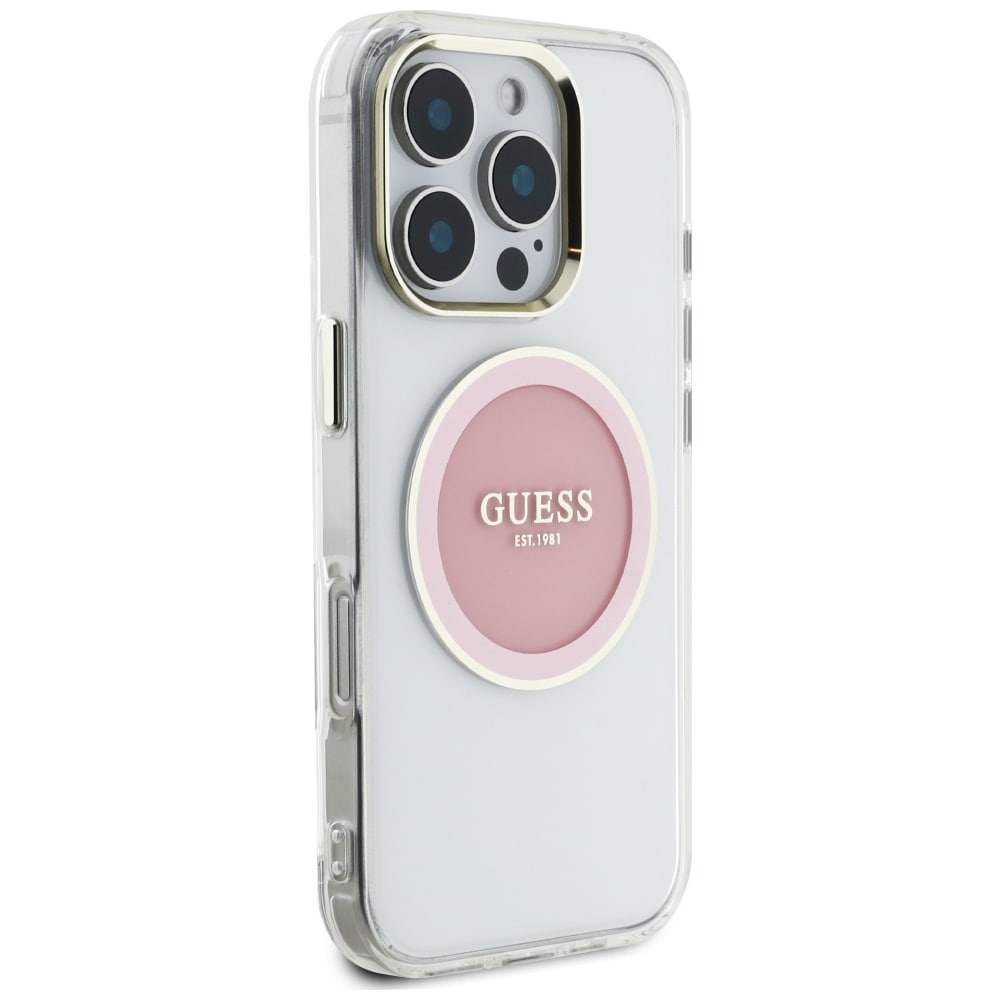Guess IML metalfarvet cirkel Classic Logo MagSafe iPhone 16 Pro-etui - pink