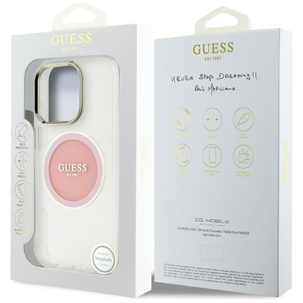 Guess IML metalfarvet cirkel Classic Logo MagSafe iPhone 16 Pro-etui - pink