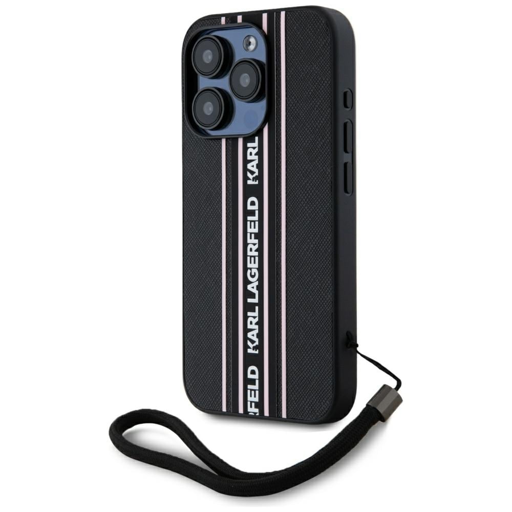 Karl Lagerfeld Saffiano Athleisure Stripes Cord iPhone 15 Pro taske - Pink