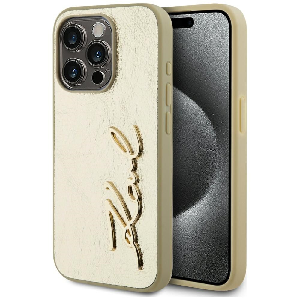 Karl Lagerfeld Rynket metal signatur iPhone 15 Pro taske - guld