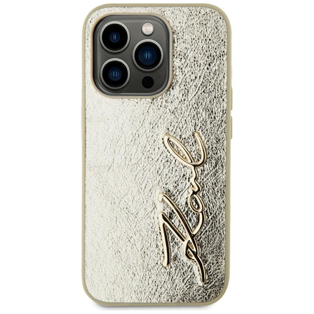 Karl Lagerfeld Rynket metal signatur iPhone 15 Pro taske - guld