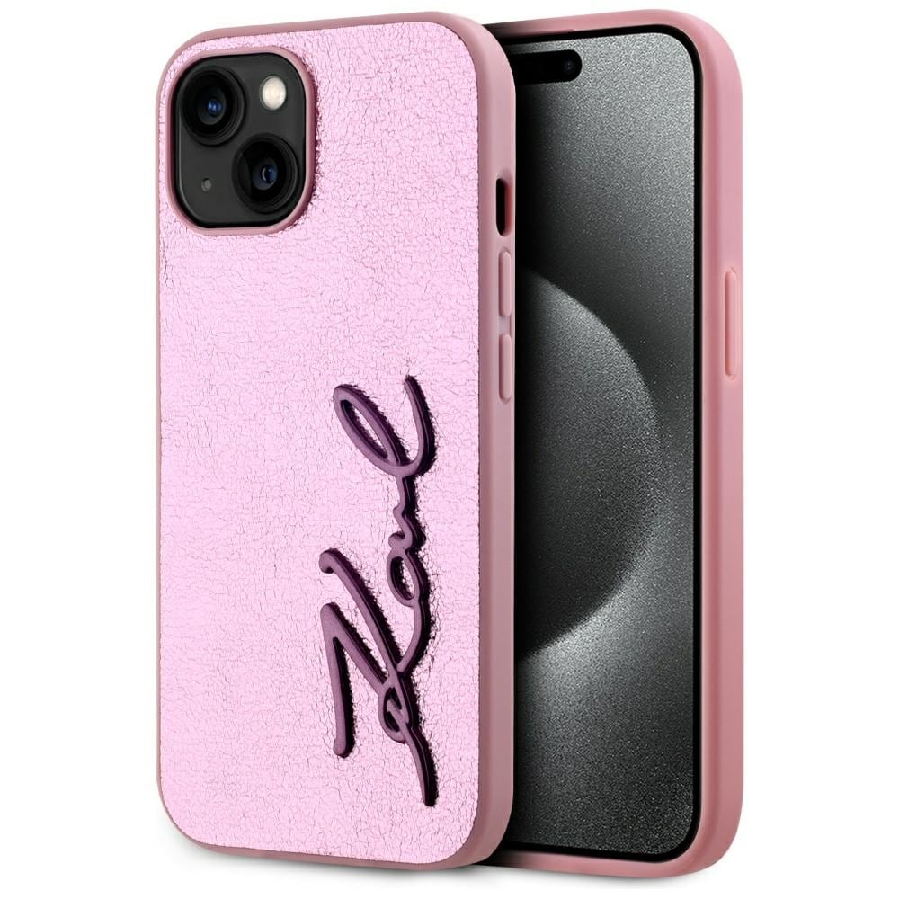 Karl Lagerfeld Wrinkled Metal Signature iPhone 15 taske - Pink