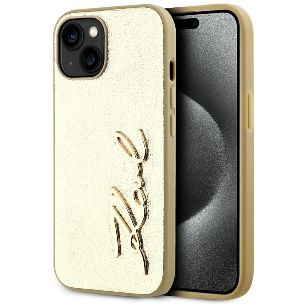 Karl Lagerfeld Rynket metal signatur iPhone 15 taske - guld