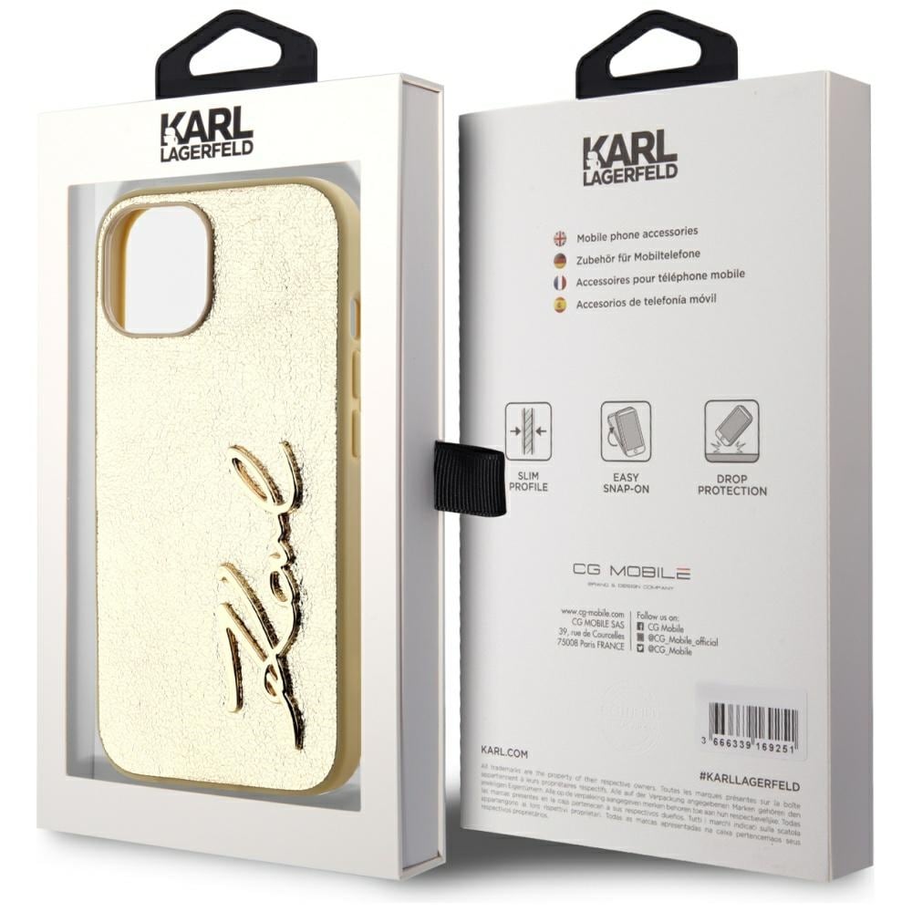 Karl Lagerfeld Rynket metal signatur iPhone 15 taske - guld