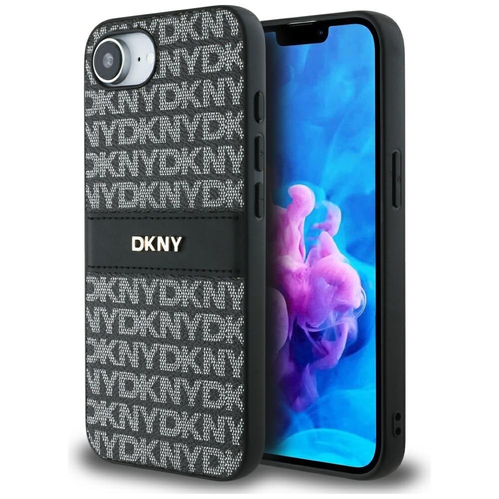 DKNY Repeat Texture Pattern with Tonal Stripe etui til iPhone 16e - sort