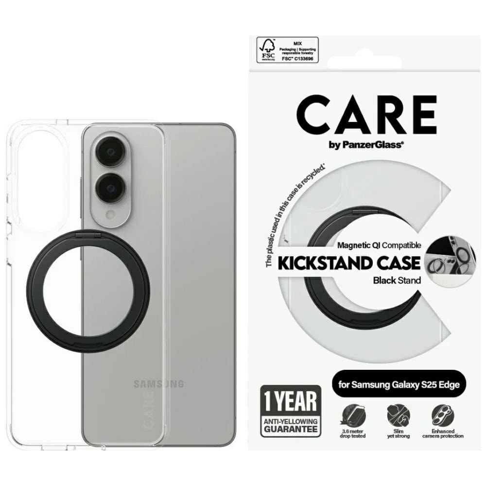 CARE by PanzerGlass Feature Black Kickstand & QI Case til Samsung Galaxy S25 Edge - Transparent