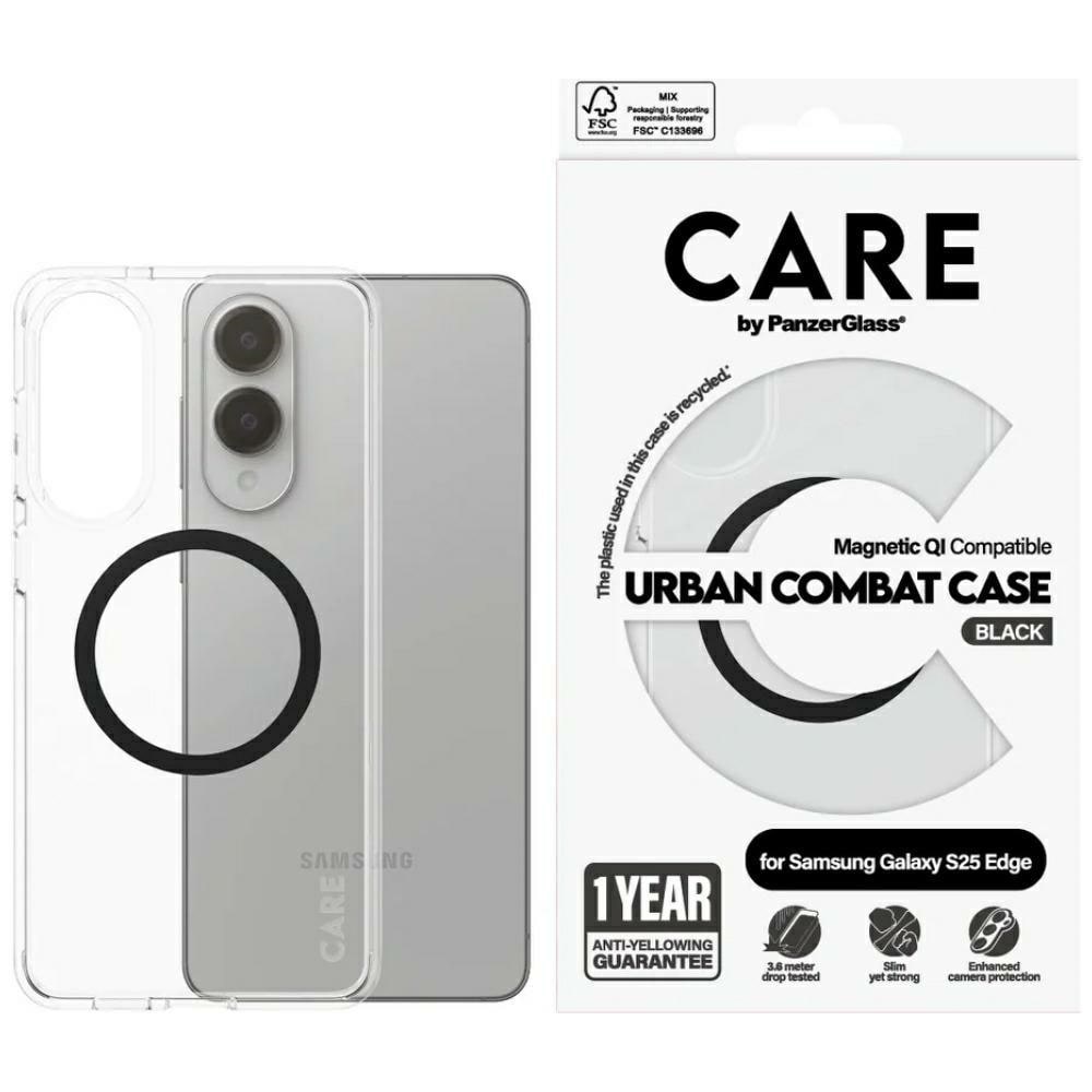 CARE by PanzerGlass Flagship Urban Combat Black QI Case til Samsung Galaxy S25 Edge - Transparent