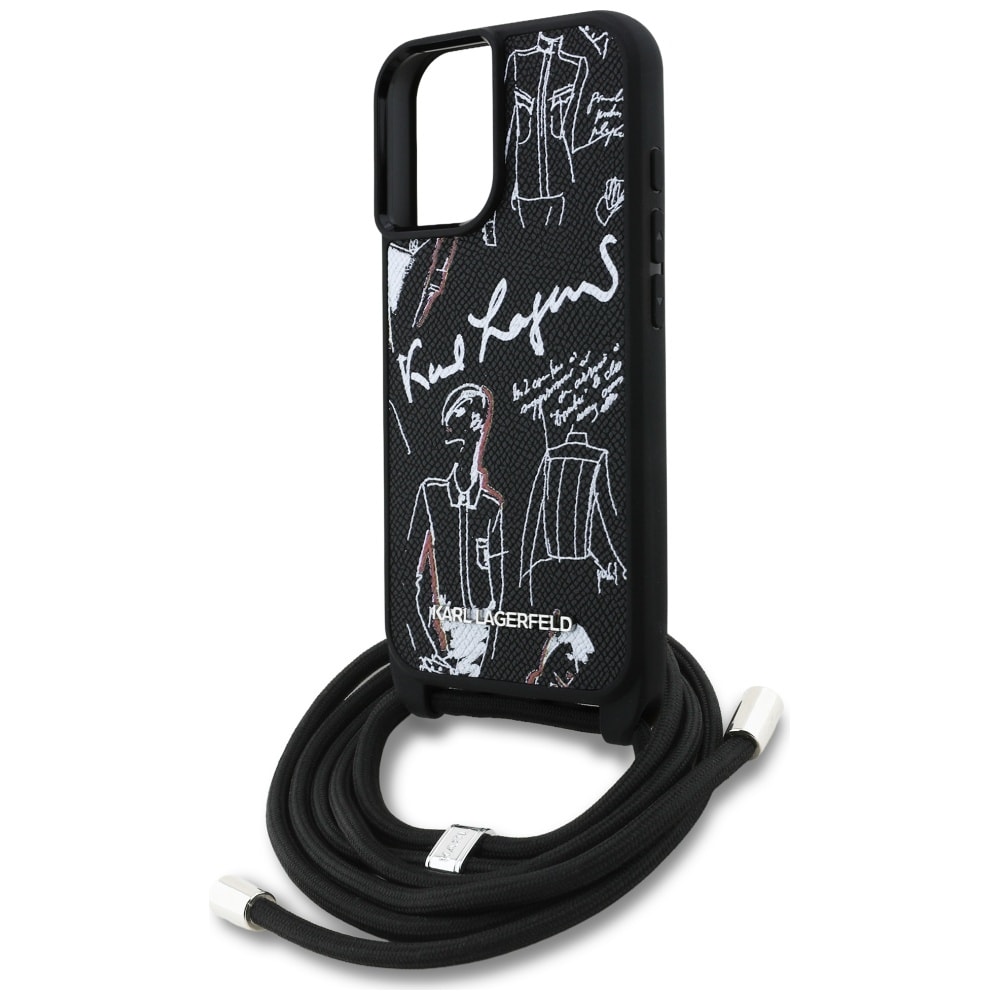 Karl Lagerfeld Crossbody-taske med kornet mønster og logo til iPhone 16 - Sort