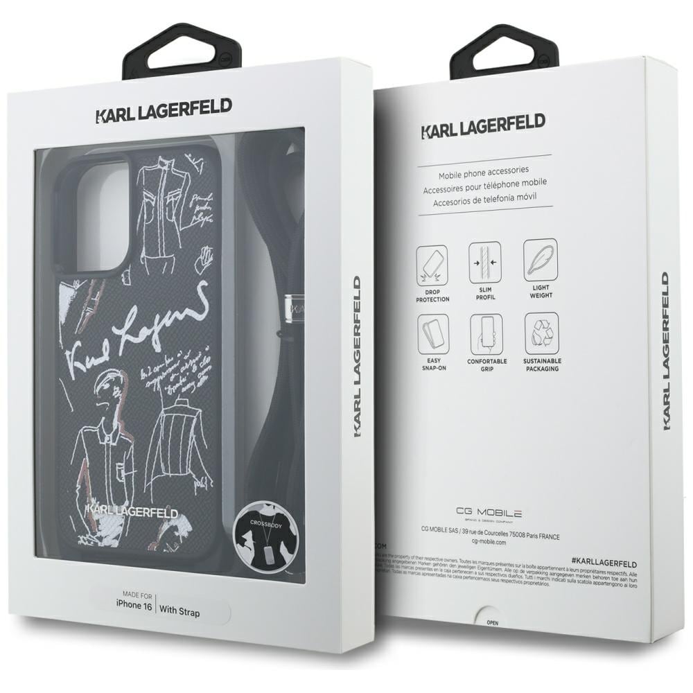 Karl Lagerfeld Crossbody-taske med kornet mønster og logo til iPhone 16 - Sort