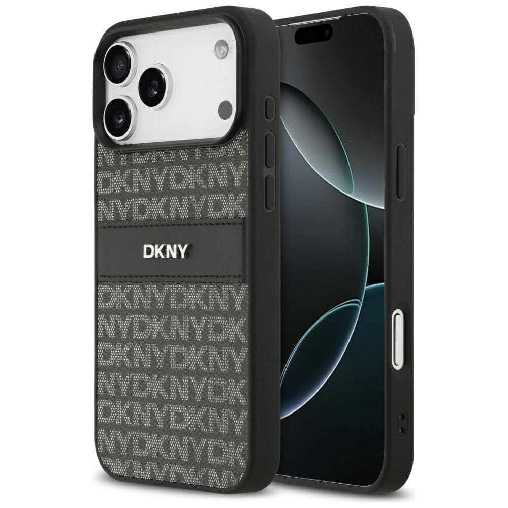 DKNY Repeat Texture Pattern with Tonal Stripe-etui til iPhone 17 Pro Max - Sort