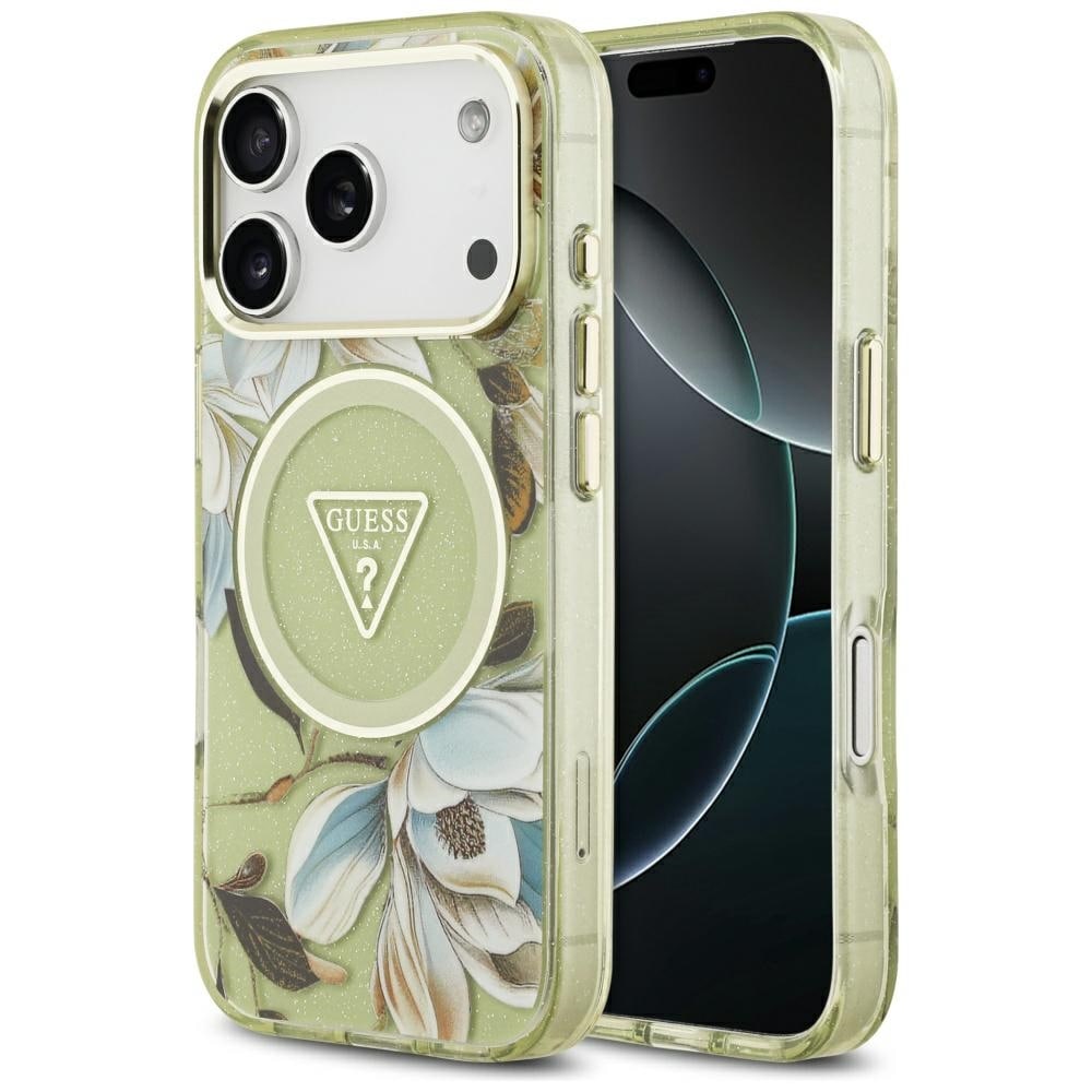 Guess IML Glitter Flowers Triangle MagSafe-etui til iPhone 17 Pro Max - Grøn