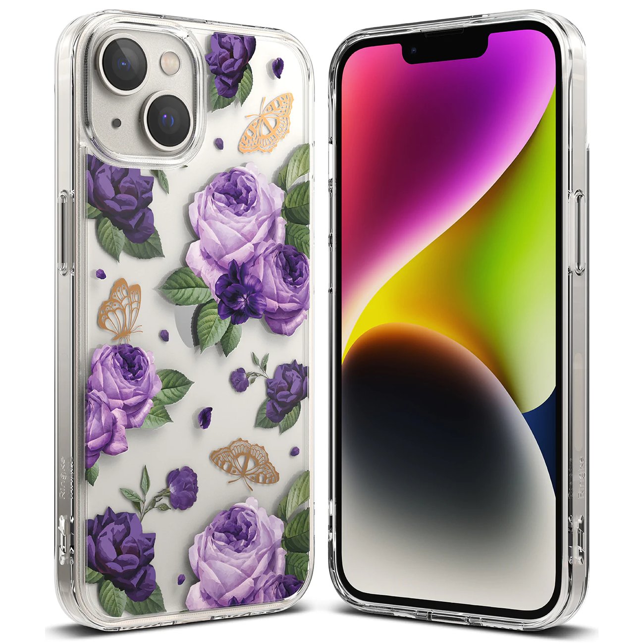 Ringke Fusion Design Armored Case for iPhone 14 Plus, Gel Frame, Transparent (Purple Rose)