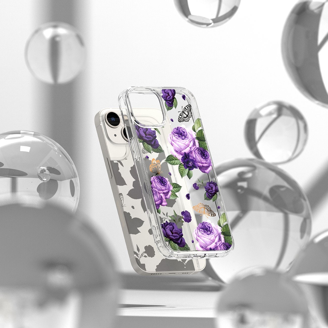 Ringke Fusion Design Armored Case for iPhone 14 Plus, Gel Frame, Transparent (Purple Rose)