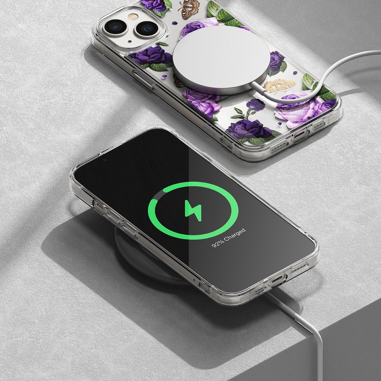 Ringke Fusion Design Armored Case for iPhone 14 Plus, Gel Frame, Transparent (Purple Rose)