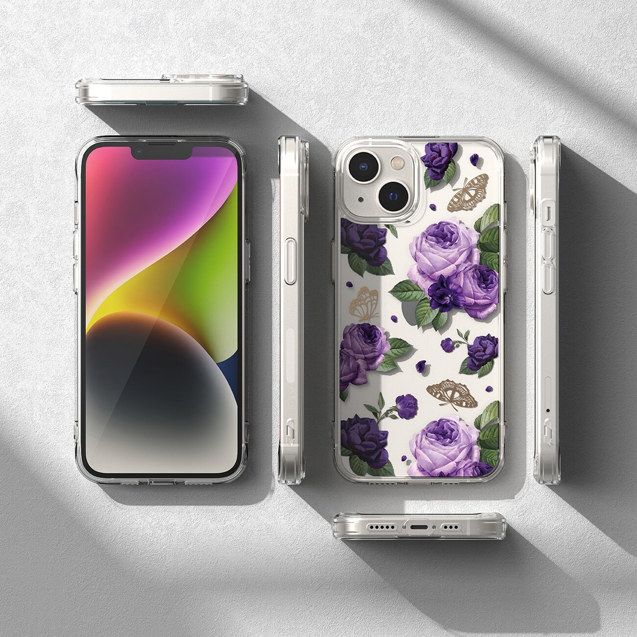 Ringke Fusion Design Armored Case for iPhone 14 Plus, Gel Frame, Transparent (Purple Rose)
