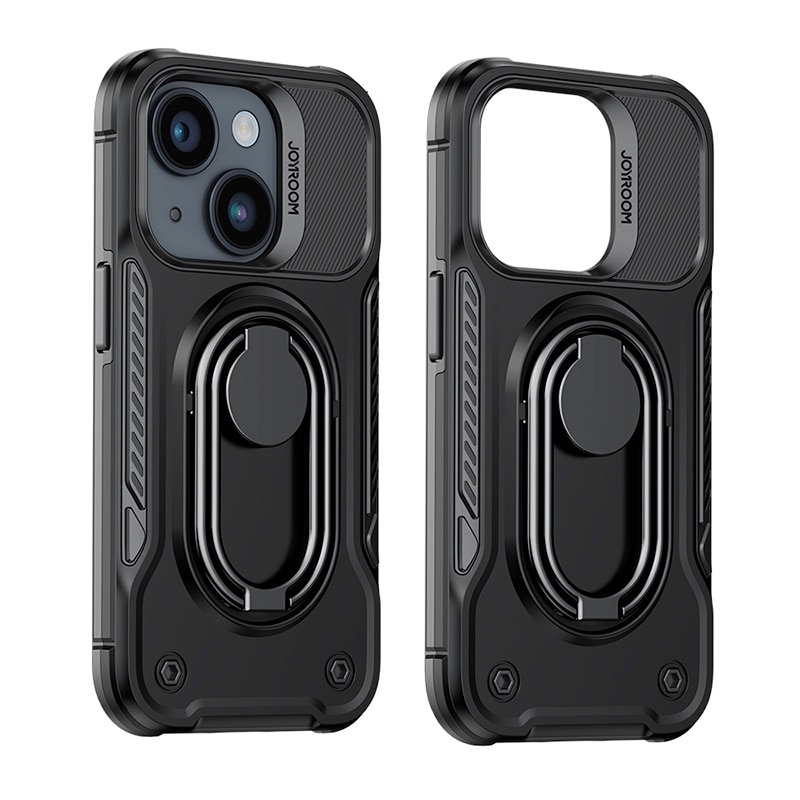 Joyroom Etui med dobbelt hængsel til iPhone 14 pansret etui med stativ og ringholder sort