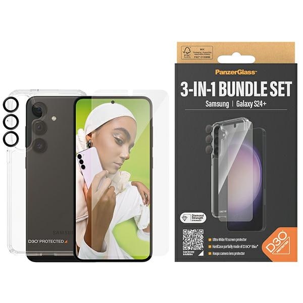 PanzerGlass Bundle 3in1 sæt gennemsigtigt etui + folie + kameradæksel til Samsung Galaxy S24+