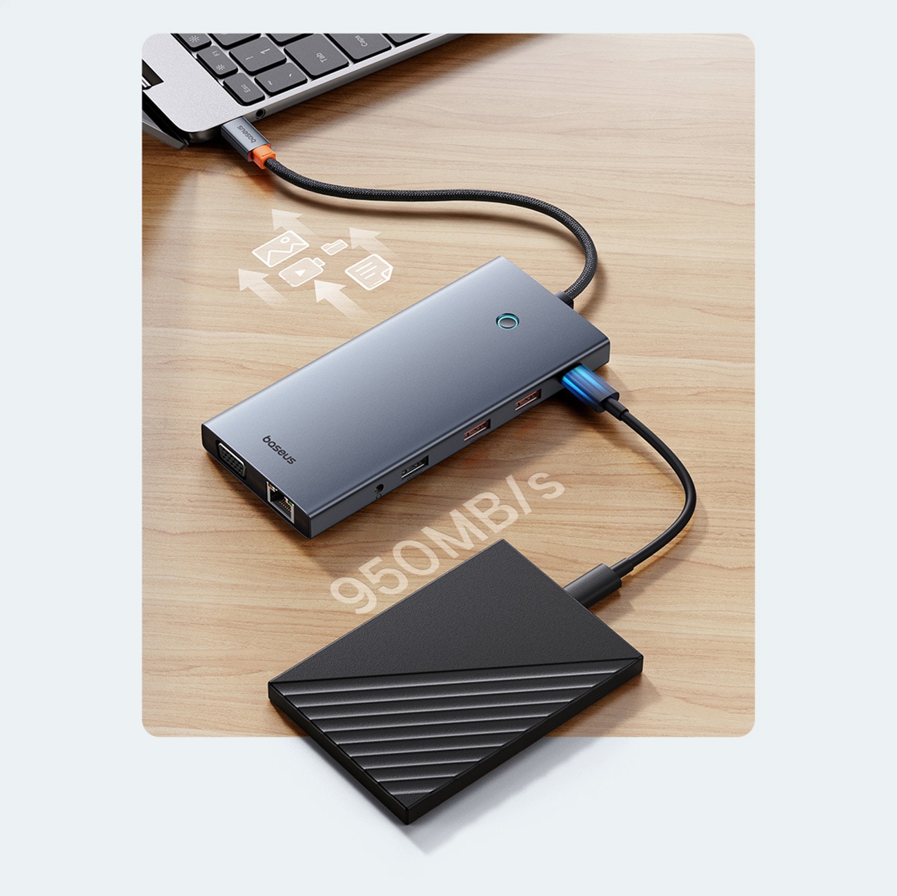 HUB Baseus PortalJoy 13in1 USB-C Hub - 2x HDMI/DP/VGA/USB-A/C/PD/RJ45/SD/TF/AUX - grå